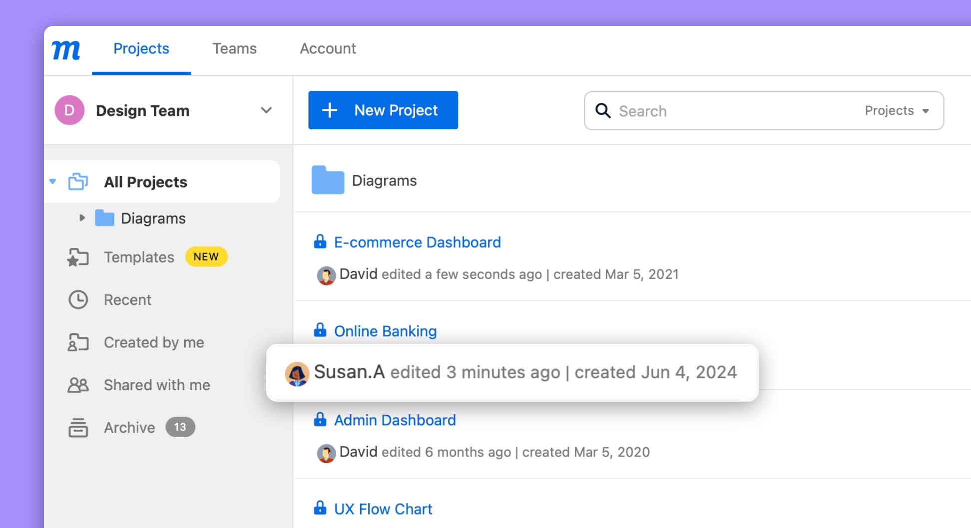 Moqups dashboard with a project's last edited and date created info highlighted.